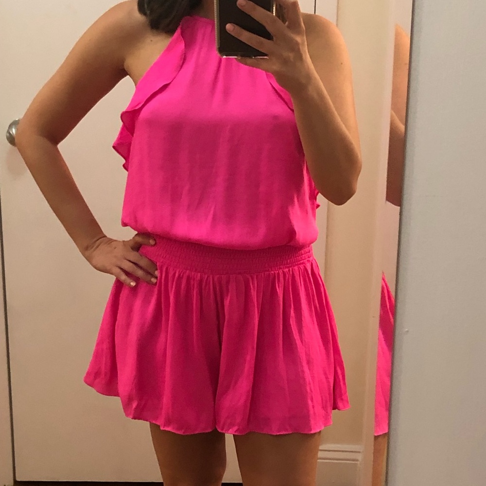 Hot Pink Romper w/ Ruched Waist, Cutout Back